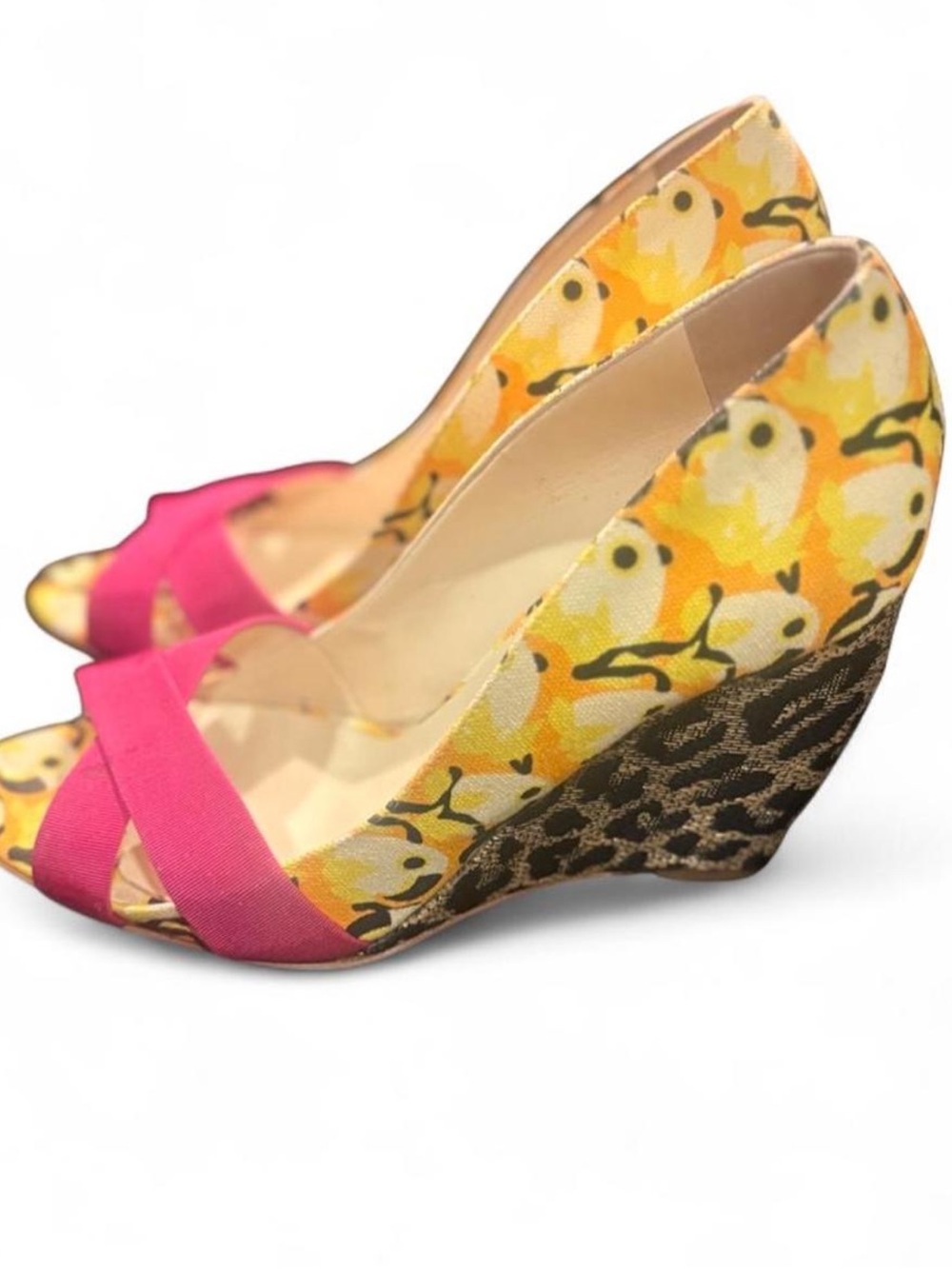 Rupert Sanderson Pink and Yellow Peep-Toe Wedge Heels Euro 39.5